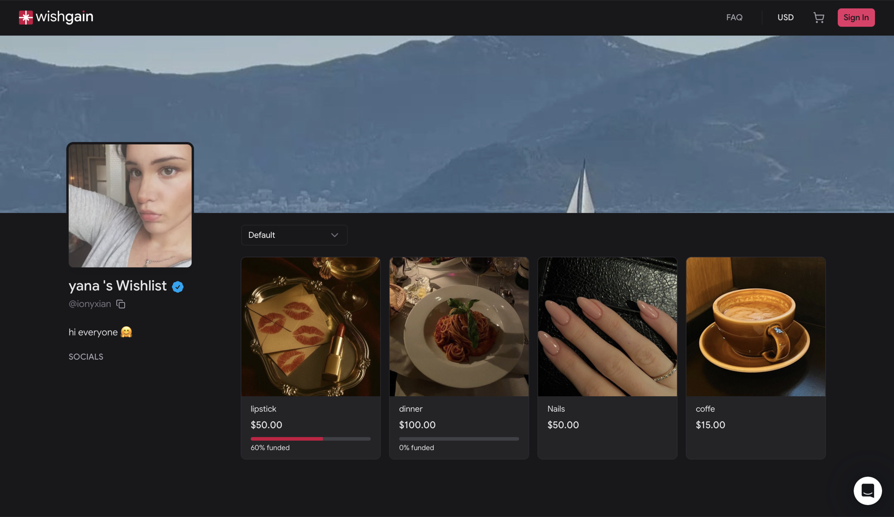 A real creator page on Wishgain: cover, profile, wish cards with funding progress.